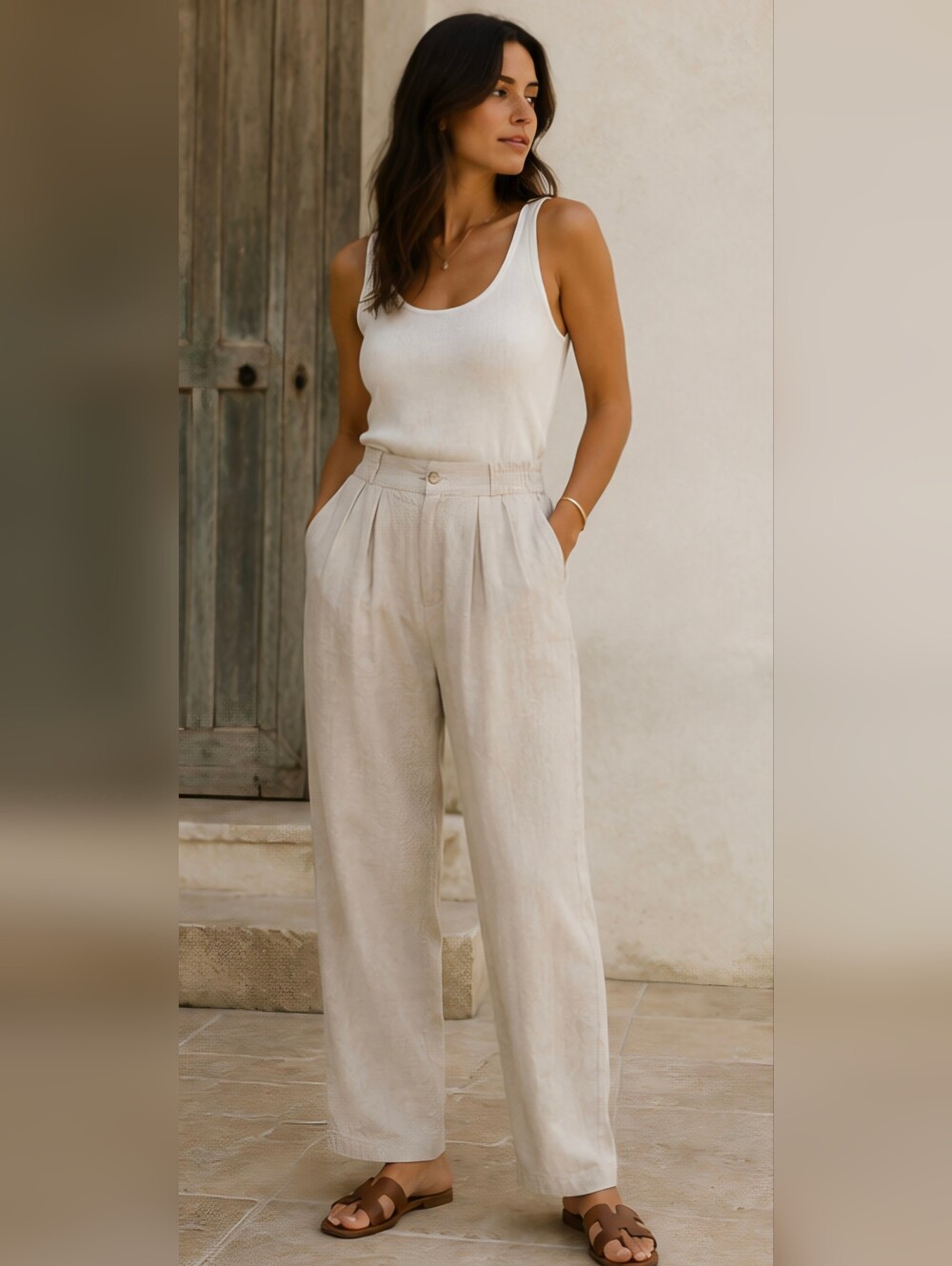 BICE Linen Blend Pleated Pants Womens 10 Oatmeal Beige Elastic Waist Casual